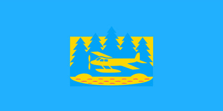 This flag design features a vibrant yellow seaplane, green evergreen trees, and blue fish set...