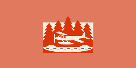 A beautiful retro inspired illustration of a seaplane landing on tranquil wilderness water. This...