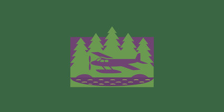A retro inspired illustration featuring a seaplane landing on a calm wilderness lake. This stylized...