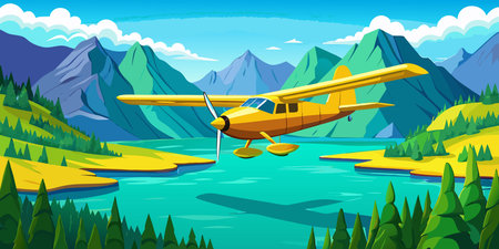 A beautiful stylized illustration depicts a yellow floatplane flying gracefully over a tranquil...
