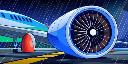 a vibrant cartoon style illustration of a powerful jet engine resting on a rain soaked runway. this...