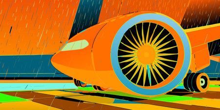 Bold graphic pop art illustration of a vibrant orange airplane sitting on a rainy airport runway....