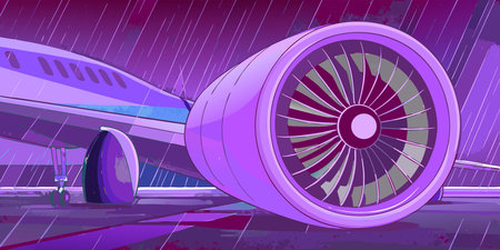 a vibrant purple and blue stylized illustration of a jet engine on a rainy airport tarmac. this...