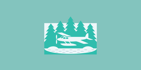 A stylized retro illustration of a seaplane in a peaceful wilderness setting. This flat design ...