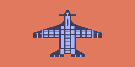 a minimalist top-down view of an airplane rendered in a flat geometric style with a dark blue and...