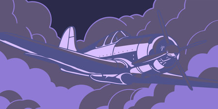 A flat graphic illustration of a propeller plane soaring amidst swirling purple clouds. This vintage...