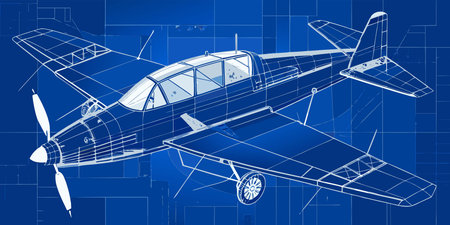 technical blueprint illustration showing a small propeller airplane. features white outlines on a...