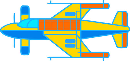 bright yellow cartoon airplane illustration in a flat design style with blue outlines and orange...