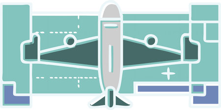 a top-down minimalist flat design illustration of an airplane on a blue airport layout with runway...