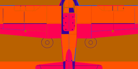 A colorful pop art illustration of a vintage airplane from a top-down view. This graphic features...