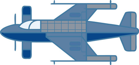 a flat design illustration of a blue airplane with a propeller seen from a top down perspective....
