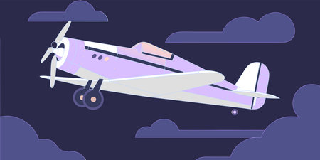 a stylized illustration of a classic vintage biplane flying through white clouds on a purple...