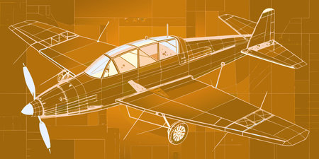 a detailed blueprint style illustration of a vintage single engine light aircraft featuring a golden...