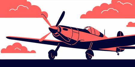 A bold graphic illustration of a classic propeller plane on a runway. This retro inspired design...