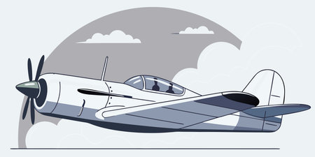 a detailed graphic illustration of a vintage propeller fighter plane soaring through a cloudy sky....