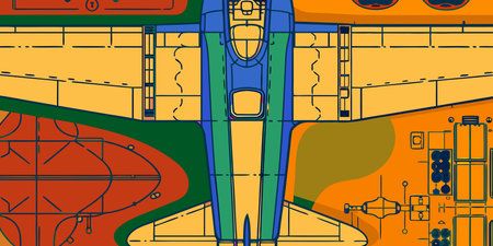 Detailed flat color illustration showing a top-down schematic of a vintage aircraft cockpit and...
