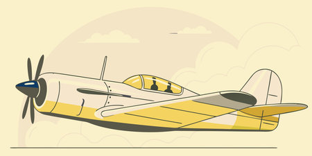 a vintage-inspired graphic illustration of a classic fighter plane with a propeller. the aircraft is...