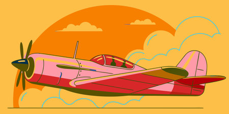 A vintage-inspired graphic illustration showing a red and pink propeller airplane flying amidst...