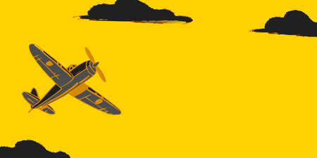 A beautiful and nostalgic graphic illustration featuring a classic vintage biplane flying high in a...
