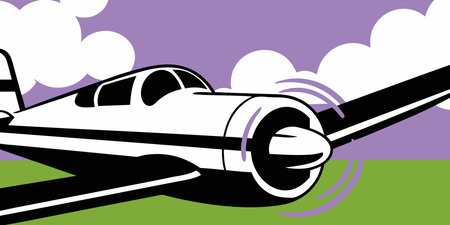 a bold graphic illustration of a vintage airplane soaring through a vibrant purple and green sky....