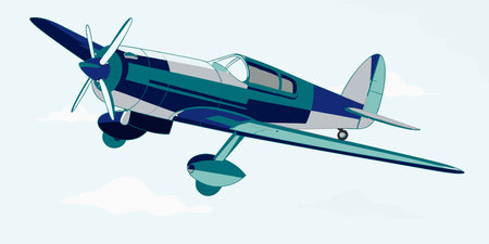 a stylized digital illustration of a blue and grey vintage propeller plane flying through clouds....