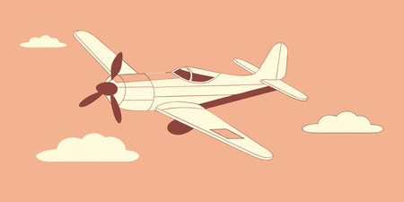 a vintage inspired illustration showing a classic biplane soaring through soft white clouds on a...