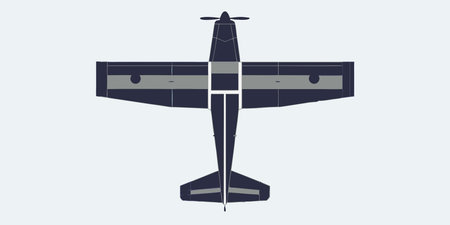 A top-down view of a stylized, dark blue airplane with gray accents and a single propeller. This...