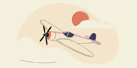 minimalist vintage airplane illustration featuring a propeller plane in flight against a retro...