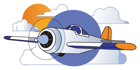 A colorful cartoon depiction of a vintage propeller plane flying high in the sky through soft clouds...