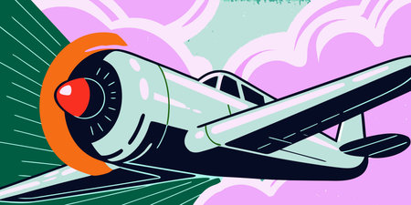 A vibrant and bold graphic illustration showing a classic biplane in motion. This retro inspired...