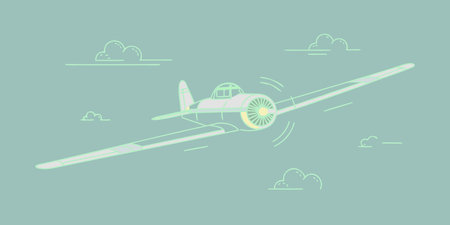 a stylized illustration of a vintage propeller plane soaring through clouds on a green background....