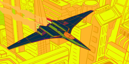 a sleek futuristic jet flies over a densely packed geometric cityscape in shades of yellow and...