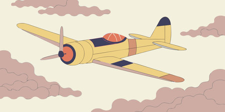 A beautiful stylized illustration of a vintage yellow biplane soaring through soft pinkish clouds....