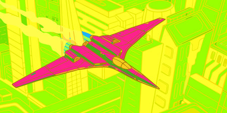 A stylized pink spaceship flies over a vibrant futuristic city with tall buildings. This...