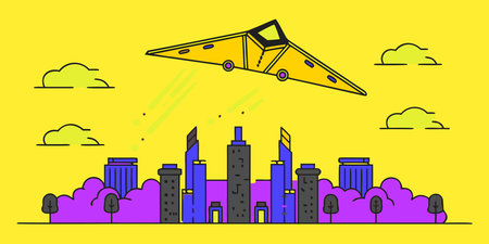 a bold graphic illustration of a futuristic city with a sleek spaceship flying above skyscrapers....