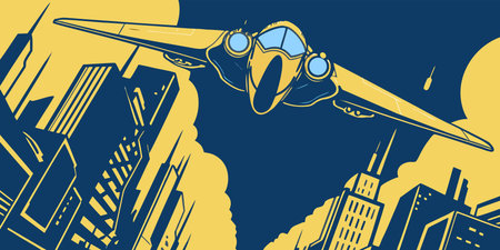 a dynamic retro illustration of a sleek jet aircraft soaring high above a dense city skyline. this...