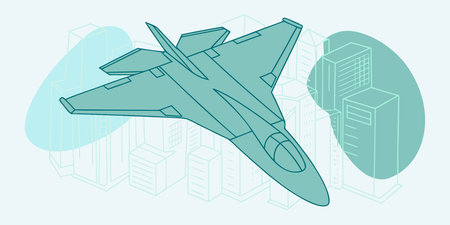 a stylized isometric illustration of a jet fighter flying over a blue city skyline. this modern...