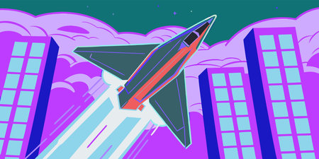 A colorful cartoon style illustration of a jet plane flying through a vibrant neon cityscape with...