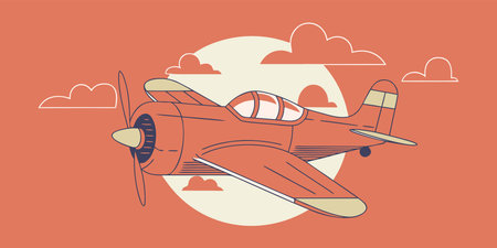 a charming and stylized illustration of a red vintage biplane flying through clouds against a warm...