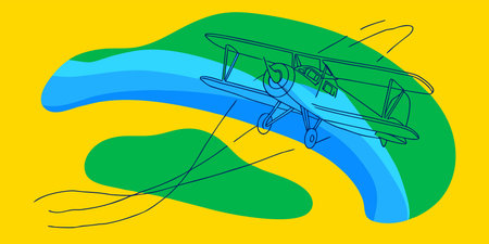 A modern, stylized graphic illustration of a vintage biplane soaring above a winding river and...