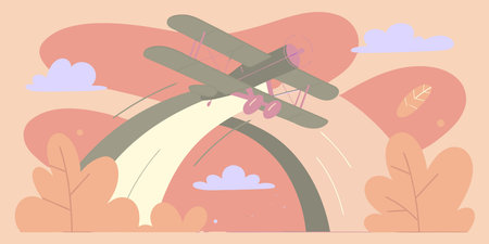Discover a charming flat design illustration featuring a dark green biplane soaring over serene...