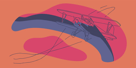 A modern graphic illustration of a vintage biplane flying over abstract colorful shapes in shades of...