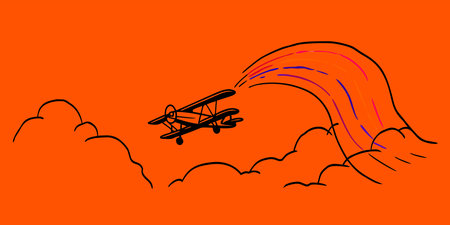 An artistic illustration of a vintage biplane flying through a vibrant rainbow arc against a bright...