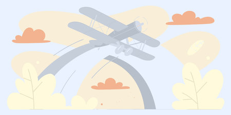 A charming flat design illustration features a vintage biplane in flight, soaring through a soft...