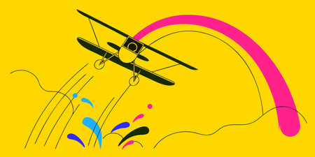 A bold, graphic illustration of a biplane diving against a yellow background with abstract shapes...