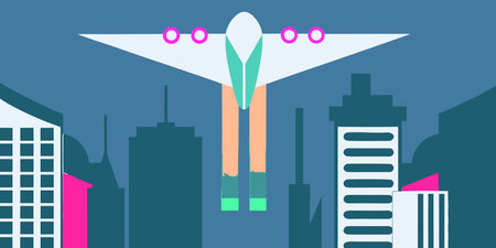 A futuristic white and pink aircraft flies gracefully over a modern city skyline. This stylized flat...