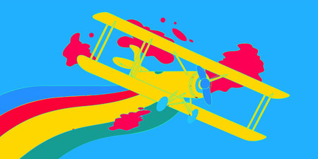 A stylized and brightly colored illustration of a yellow biplane soaring through a vibrant, abstract...