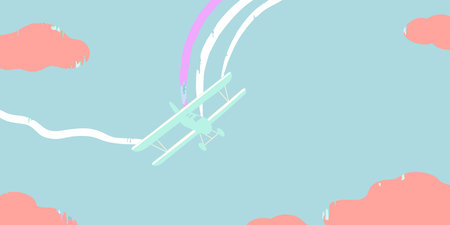 A charming stylized illustration of a light blue biplane soaring through a pale blue sky, leaving...