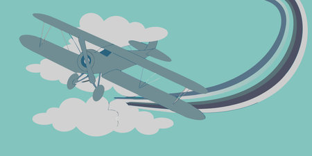 A stylish flat design illustration of a vintage biplane soaring through a teal sky with fluffy clouds and dynamic trails. This retro artwork depicts  adventure.のイラスト素材