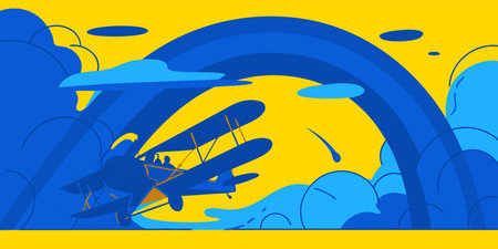 A charming retro illustration of a biplane flying high in a colorful, stylized sky. This bold...